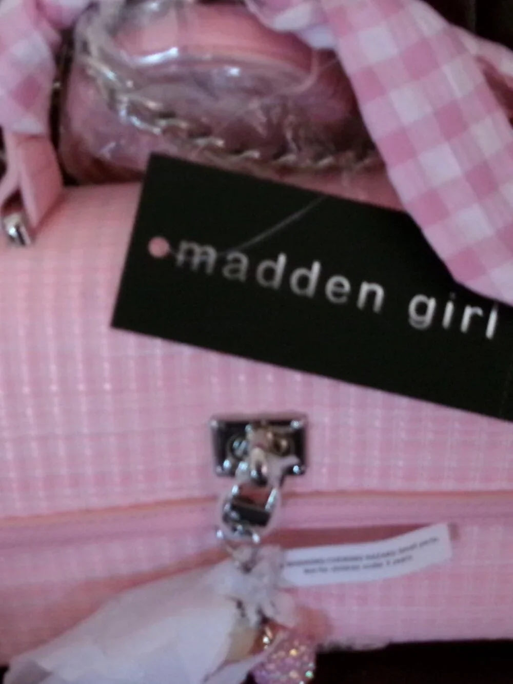 Madden Girl Pink Tweed-Style Top Handle Crossbody with Cherry Charm